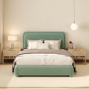 Cadre de <span class=keywords><strong>lit</strong></span> moderne réglable en tissu bouclé <span class=keywords><strong>vert</strong></span> sauge avec tête de <span class=keywords><strong>lit</strong></span> incurvée en tissu Teddy doux, <span class=keywords><strong>lit</strong></span> plateforme sans sommier requis - Product Image 1