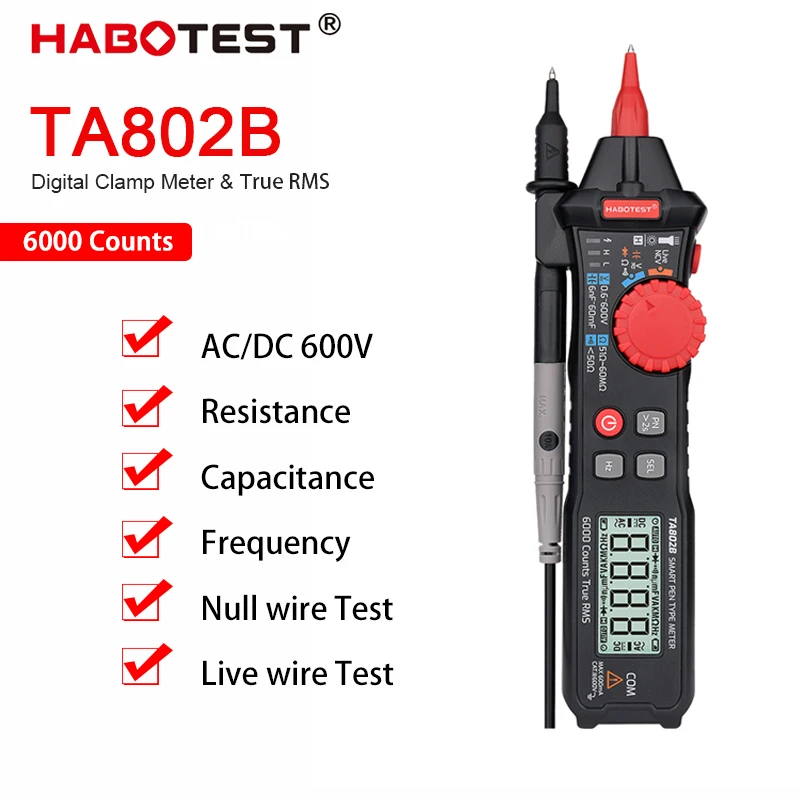 TA802B NCV Smart Digital Multimeter AC/DC 600mA 600V Capacitance Frequency Ohm Null Wire Test Habotest with CE&RoHS