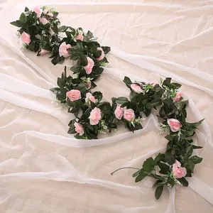 Guirnalda de hojas de plantas, decoración romántica para el hogar, Rosa Artificial de seda, flores colgantes para decoración de pared