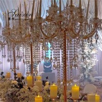 ZT-325G Gros 15 bras d'or grand cristal candélabres maîtresses pièces maîtresses pour la table de mariage