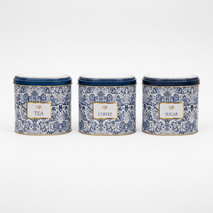 Kontensan Oval Metal Storage <b>Box</b> <b>Set</b> 140 X 120 X 130 mm 1.4L (<b>Set</b> 3) Azulejo-Inspired Blue White Decorative Pattern Design - Product Image 2