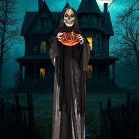 AROMA Grim Reaper suspendu de 67 pouces pour Halloween avec bol à bonbons, yeux sonores et clignotants pour rassemblements effrayants et fêtes d'Halloween