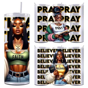 Autocollants de transfert DTF UV imperméables prêts à appliquer pour gobelets, motif Fille Chrétienne Bénie en Prière, pour gobelet droit et étroit de 20OZ - Product Image 1