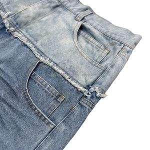 TOPSHOW DENIM Jeans en coton à jambe droite, denim délavé mélangé avec des bords bruts, patchwork délavé, pantalon en denim à double taille pour homme - Product Image 2