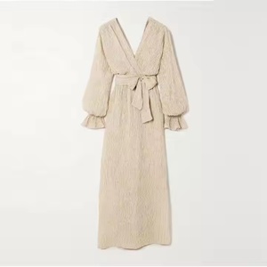 เดรสยาวทรงเอไลน์ผ้าลินินทอเนื้อนุ่ม คอวี แขนยาว รุ่นปี 2025 ดีไซน์หรูหรา ไม่ยับง่าย ระบายอากาศได้ดี ซักได้ เป็นมิตรต่อสิ่งแวดล้อม 100% ตกแต่งด้วยผ้าปะต่อสีพื้น - Product Image 3