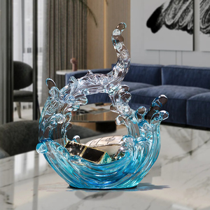 Sculpture moderne en verre bleu en forme de vague, ornement aquatique en cristal, porte-bonheur Feng Shui, décoration de bureau à domicile - Product Image 3