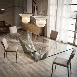 High End große Familien villa Esstisch aus gehärtetem Glas Italienisches Metall bein rechteckiger Tisch Set Leder Esszimmers tuhl