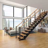 Escalier flottant moderne en bois massif et acier inoxydable pour hall intérieur, conception droite à double poutre latérale