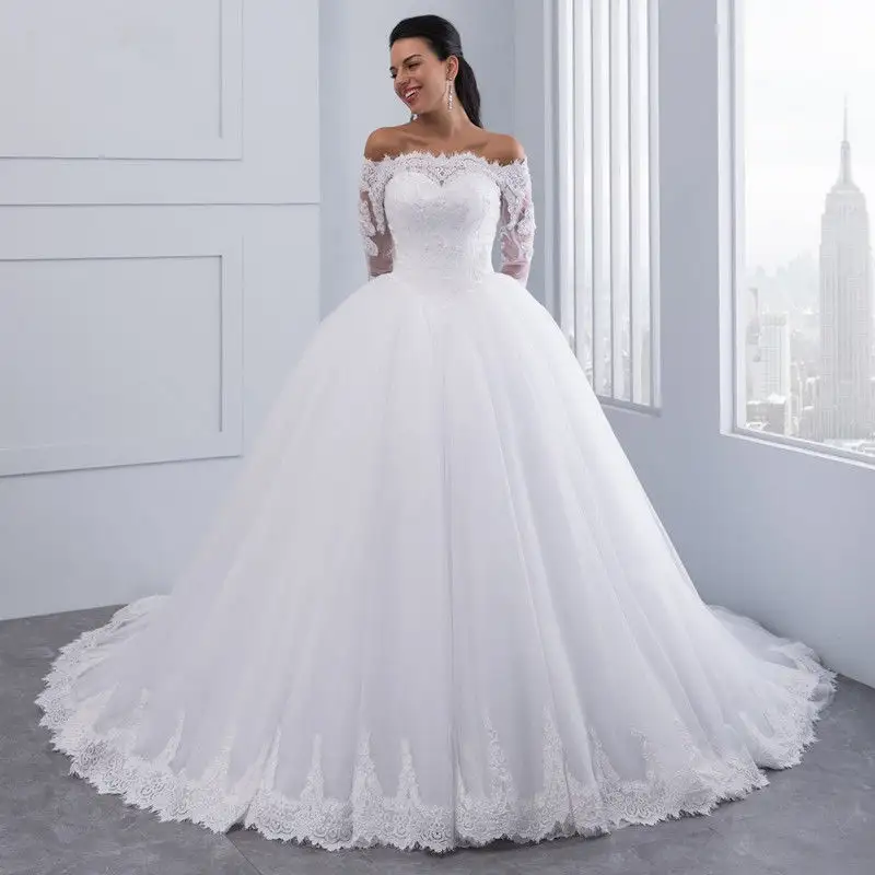 Vestido de baile elegante, branco, roupa de casamento, bordado, com flores, grande, renda, manga longa, vestido de noiva