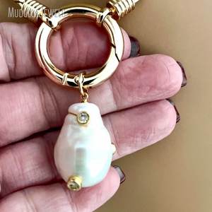 NM42678 позолоченная цепочка-змея ожерелье с жемчугом барокко кулон толстая цепочка-змея Пружинная Застежка карабин кулон с жемчугом CZ - Product Image 6