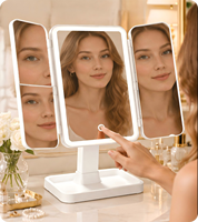Miroir de maquillage LED tactile à trois volets, à intensité variable, directement de l'usine, 360° °   Miroir de beauté avec fonction de mémoire de rotation pour la routine quotidienne