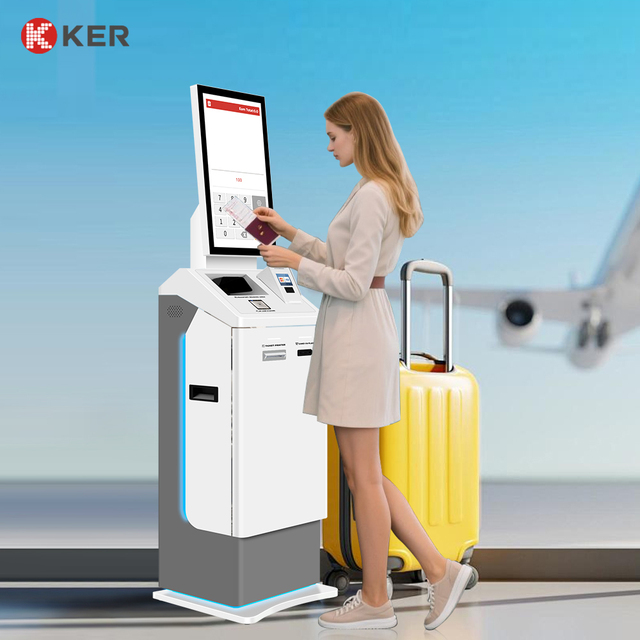 KER Self Service Ticket Photo Printing Barcode Reader Payment Kiosk SDK Floor Standing Toughened Glass Panel Passport Document