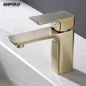 Empolo luxo banheiro pias saver torneira misturador ouro único punho torneira escovado latão torneira marca de água lavatório Torneira de água