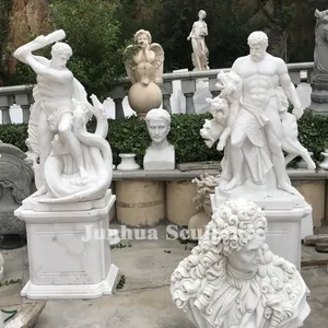 神话仙女白色大理石希腊大力神雕像与老虎雕塑