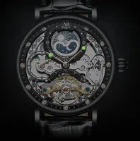 Jam Tangan Mekanik Otomatis Pria KINYUED J055 Skeleton Bisnis Bercahaya Tahan Air Hitam Mewah Desainer