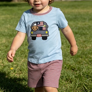 BSSO1918 rts Boutique Conjunto de ropa para bebé niño con estampado de cachorro azul del 4 de julio, conjuntos para niños, venta al por mayor, conjunto de manga corta - Product Image 1