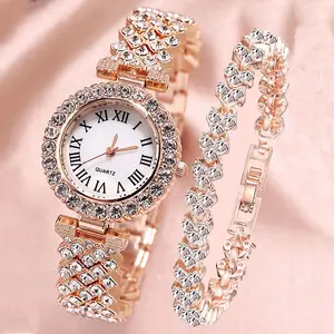 2Pcs Set Luxury Rose Gold Watch Ladies Quartz Diamond Wrist watch Elegant Female Bracelet Watches for with women's gift CD018