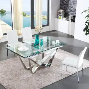 现代家具钢化玻璃顶餐桌不锈钢桌腿
