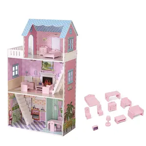 Factory Wholesale 3 Tier Wooden Majestic Mansion Doll House With 10pcs Miniature Furniture Fashion Dollhouse