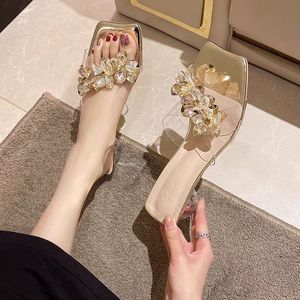 Été Nouveau style coréen Mode Slip-on Transparent Strap Casual Square Toe Women's Crystal Heel Flip Flops - Product Image 2