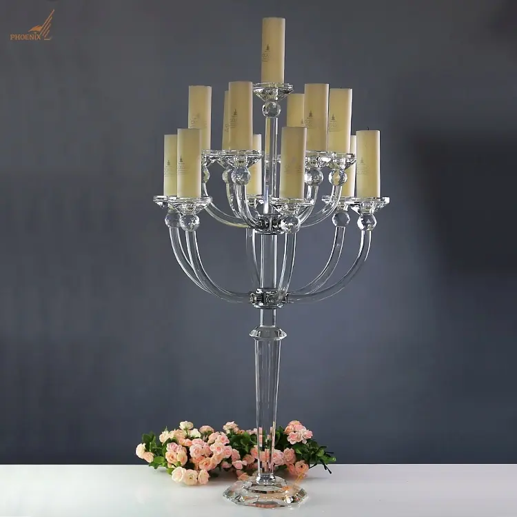 Candelabro de cristal para mesa, candelabros com 13 cabeças, base de cristal para mesa, candelabros de mesa, vidro central