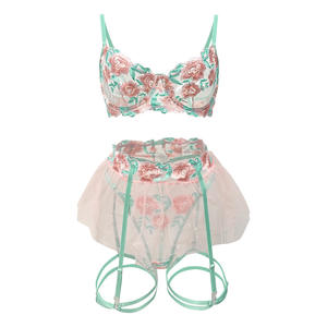 Özel lüks dört parçalı Set sınır ötesi gazlı bez Pom-pom etek dantel sütyen seksi çiçek nakış kadın seksi iç çamaşırı - Product Image 5