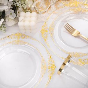 Clear Gold Plastic <b>Plates</b> - Gold Plastic Dinnerware Sets <b>Disposable</b> <b>Plates</b>, for Wedding & Party - Product Image 3