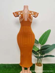 Robe Longue Slim Imprimée <span class=keywords><strong>Motif</strong></span> Vintage pour Femme, Mode Taille Haute Jacquard, Robe de Soirée Élégante, Col en V, Manches Courtes, Style Bohème - Product Image 4