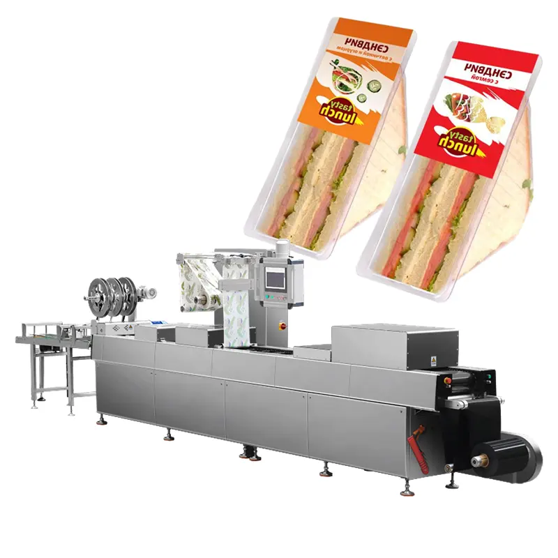 automatic biscuit pizza noodle bread triangle sandwich box packaging machine thermoforming rigid film sealer in atmosphere