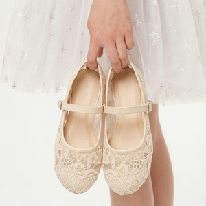 Beige Lace Fabric Floral Pattern Girls Mary Jane Flats with Hasp Closure <b>Soft</b> TPR Outsole for Wedding Evening <b>Shoes</b> - Product Image 4