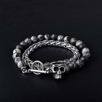 Pulsera con dije de calavera de piedra de lava para hombre, de acero inoxidable, con cadena de trigo y cierre de palanca, estilo gótico, motero, joyería oscura, regalo, venta al por mayor