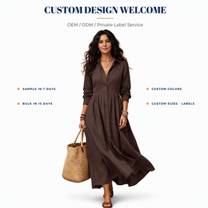 Abito Camicia Vintage da <span class=keywords><strong>Donna</strong></span> a Maniche Lunghe, Lunghezza Media, Vestibilità Ampia, con Bottoni e Colletto, Vita Morbida, OEM ODM Private Label Ingrosso - Product Image 1