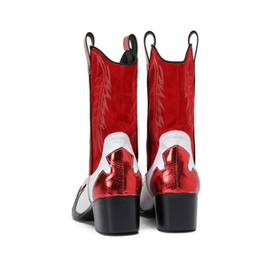 Red White Faux Suede Cowboy <b>Boots</b> Pointed Toe Slip-On Party Fashion Trend Mid Calf Heeled <b>Boots</b> - Product Image 3