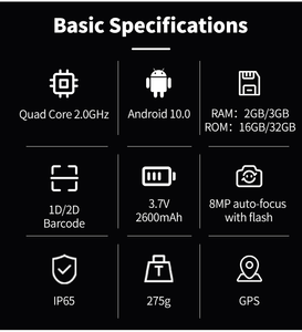 <span class=keywords><strong>Urovo</strong></span> <span class=keywords><strong>U2</strong></span> Android 10 2 Go de RAM/16 Go de ROM Quad-core 2 GHz Lecteur de codes-barres 2D PDA Appareils portables - Product Image 4