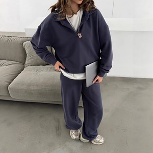<b>Women's</b> Sportswear Set Solid Streetwear Collared V-Neck Hoodie Elastic Waist Wide-Leg Sweatpants Casual <b>for</b> Custom Logo - Product Image 4
