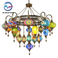 Lustre turc en fer à 21 lumières, mosaïque, style vintage marocain, lampe suspendue artisanale en verre teinté, éclairage LED pour plafond, hôtel