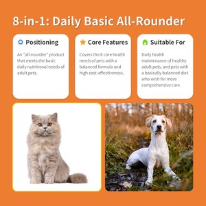 วิตามินรวมสำหรับสุนัขและแมว 8 in 1 แบบเคี้ยวชนิดนิ่ม สำหรับสุขภาพข้อต่อ หัวใจ ระบบย่อยอาหาร เสริมภูมิคุ้มกัน ปราศจากธัญพืช <span class=keywords><strong>บำรุง</strong></span>สุขภาพสัตว์เลี้ยง (Private Label) - Product Image 4