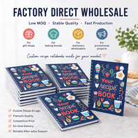 Carnet de recettes spirale personnalisé bleu marine avec couverture illustrée colorée sur le thème alimentaire, pages de planification de repas, impression de logo, vente en gros