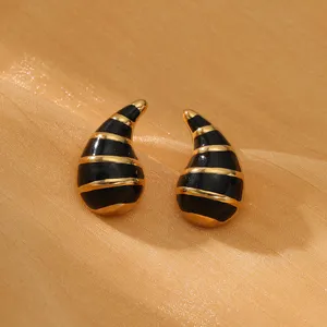 Trendy Black And White Stripe Water Drop Horn Shaped Enamel Studs Earrings Women's Stainless Steel 18K Gold Jewelry Waterproof
