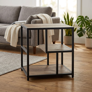 Étagère murale/sol en métal au design attrayant en laiton AK en finition noire avec 3 niveaux en bois pour la chambre à coucher/décoration intérieure - Product Image 2