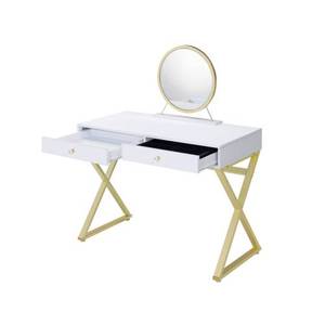 Coleen Modern Solid Wood White & Gold Finish <b>Vanity</b> Desk with Lighted Standing Mirror & Jewelry Tray - Product Image 6