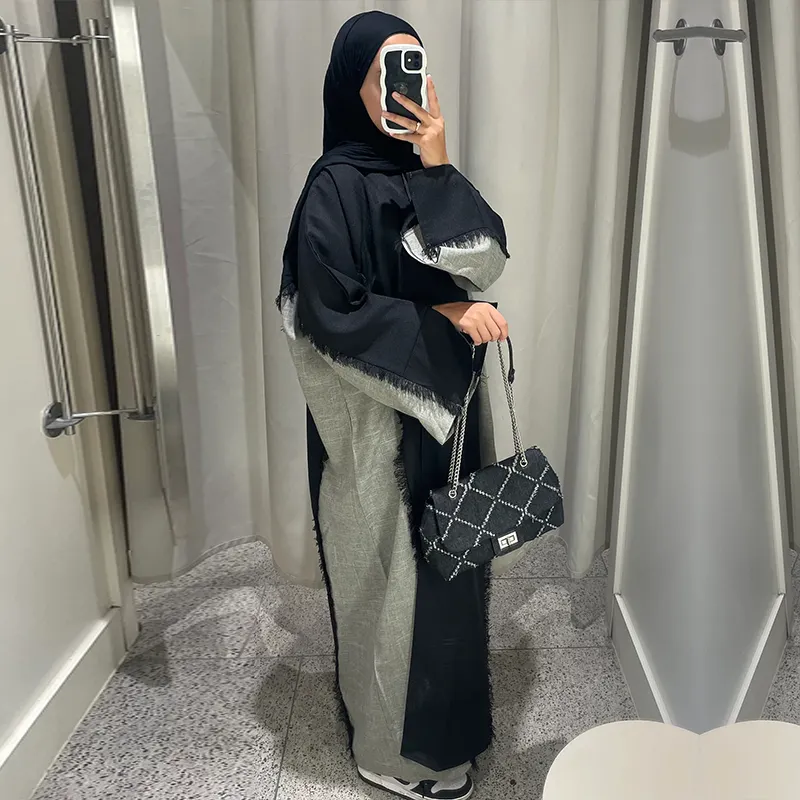 Kustom Pabrik pakaian Islami gaun abaya garis grosir abaya terbuka linen berjumbai dua warna hitam abu-abu untuk wanita muslim