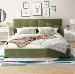 King Size Adjustable Velvet Bed <b>Frames</b> Modern Upholstered Platform Bed with Curved Tufted Headboard and Soft Square Corners - Product Image 1
