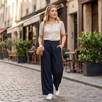 Pantalon décontracté plissé taille haute en lin pour femme, coupe ample, avec fermetures éclair, couleur unie, jambe large