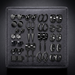 Boucles d'oreilles à clipser noires en alliage de zinc, forme croix, sertissage clos, 1 parure pour femme, bijoux de mode pour soirée - Product Image 2