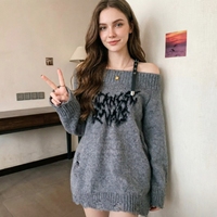 Pull en tricot à épaules dénudées avec bretelles à boucles et imprimé vieilli |   Pull oversize Y2K pour femme, haut confortable style automne et hiver