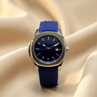 Montre octogonale pour hommes, boîtier en argent brossé, fenêtre de date, bracelet en Silicone bleu marine rainuré, montre-bracelet étanche, style Business Casual