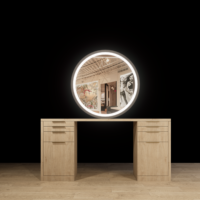 Table de coiffeuse moderne en acier inoxydable avec miroir arqué, équipement multifonctionnel pour salon de coiffure et de beauté