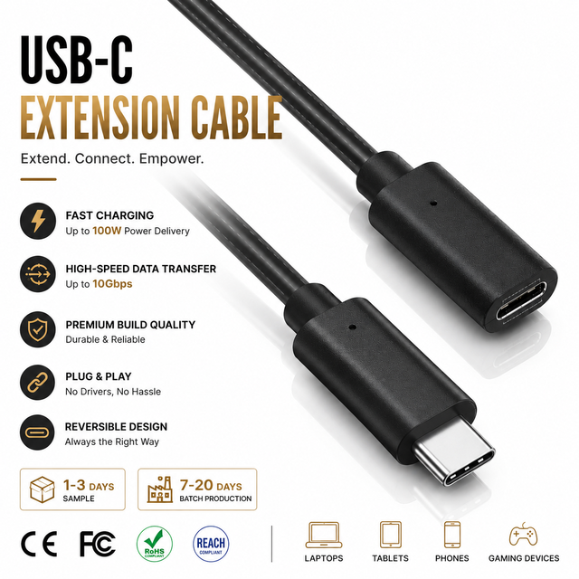 LUNG KAY OEM Professional USB C Extension Cable 10Gbps USB 3.1 Gen 2 PD 100W Fast Charge Type C Male to Female Cord
