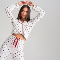 Chaud de haute qualité femmes revers femmes amour imprimé doux vente à manches longues pantalon pyjamas ensemble décontracté Homewear
